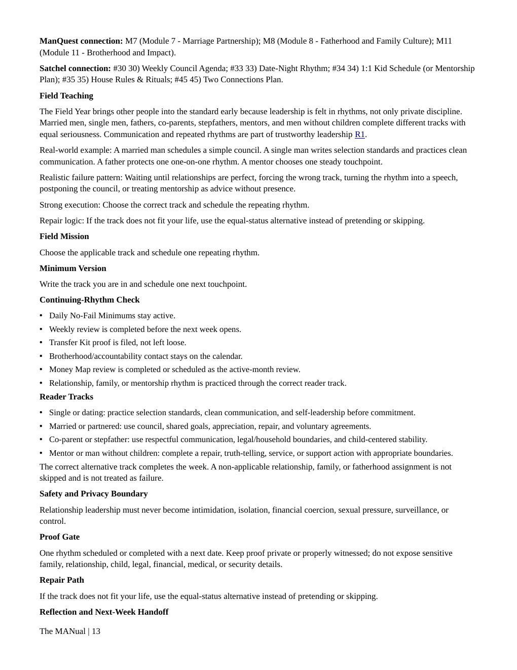 Sample weekly field page from The MANual